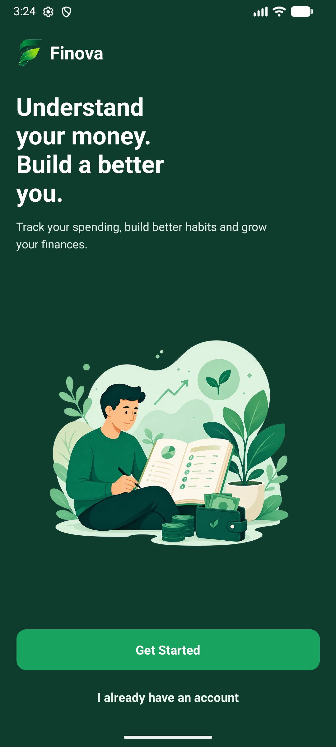 Finova welcome screen with the message understand your money and build a better you