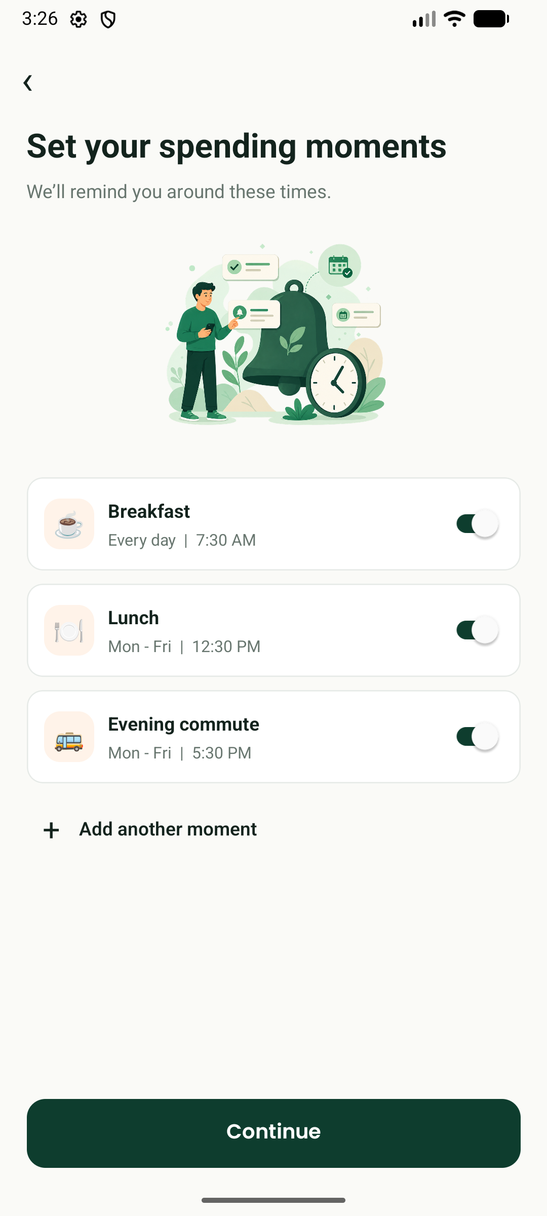 Finova screen for setting breakfast, lunch, and commute spending reminders